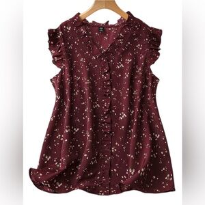 SHEIN Burgundy Floral Ruffle Blouse